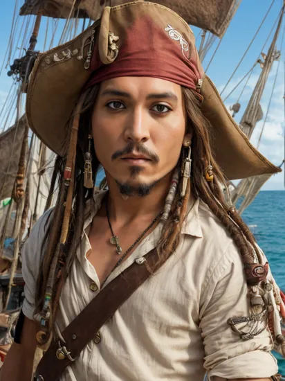 jack sparrow, anime style, masterpiece, best quality, 1boy, brown eyes, hat, brown hair, closed mouth, earrings, green background, hat, pirate,  jewelry, looking at viewer, shirt, short hair, simple background, solo, upper body, white shirt,  on pirate ship, ocean, ship