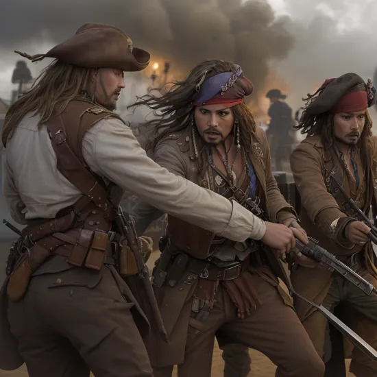 photo of, Dutch angle, man soldier, and Captain Jack Sparrow duels fighting with British soldier,  n3wp1r4t3, gun shooting, smoke, gun fighting, on deck, extremely detailed face eyes hands, perfect hands