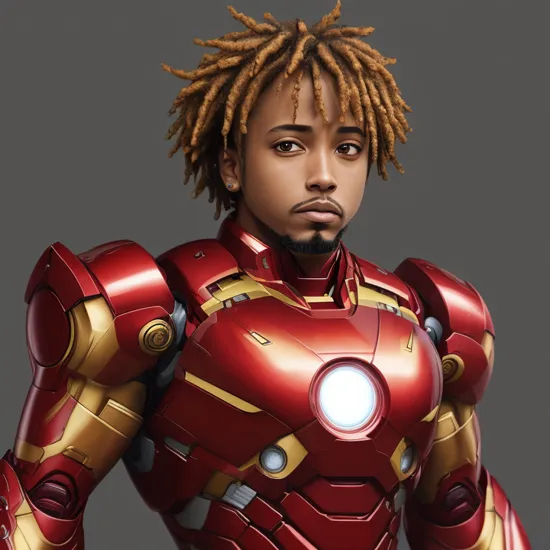 best quality, masterpiece, ultra high res, (anime style:1.2), , (juicewrld:1) as Iron Man, Iron Man outfit, 1boy, ((solo)), facial hair, simple background, dreadlocks, looking at viewer, upper body
