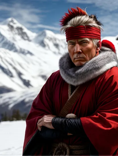 Stoic shinobi, (ancestral wolf spirit), ((focused male Donald Trump)), dark headband, crimson and gray attire, snowy backdrop, (intense concentration), spiritual guide, warrior's bond.