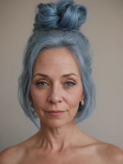 portrait photography of midlife woman, 40 years oldmarge simpson, blue hair, solo, sunset, front to viewer, (looking at viewer:1.3), , , , , (grainy:1.2),  