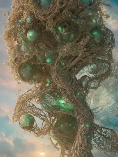 ethereal fantasy concept art of  TransformersStyle, macro photography [ : (rising fairy silhouette made of smoke:1.2) : 5], giant dew drop made of twisted vines and microorganisms, microcosmos, selective focus, vray tracing BREAK  faberge metallic shell structure wrapped around, filigree, chromecore,  fractal patterns BREAK sunset, city, magical ambient  greenteam  . magnificent, celestial, ethereal, painterly, epic, majestic, magical, fantasy art, cover art, dreamy