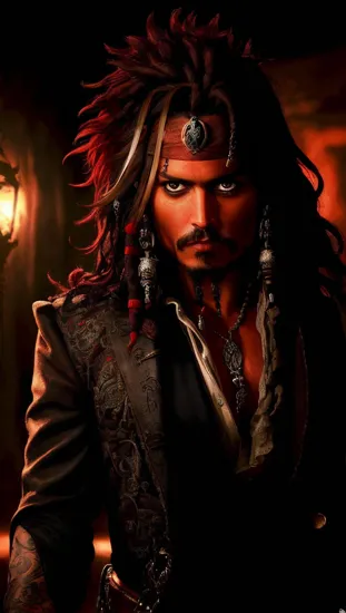 Johnny Depp, Enigmatic rogue @JohnnyDepp, ((intense red eyes)), ((red spiky hair)), shrouded in shadows, a hand covering half the face, with mysterious tattoos visible, ((ominous energy patterns)), suggesting hidden depths and untold power, a character shrouded in mystery and allure.
