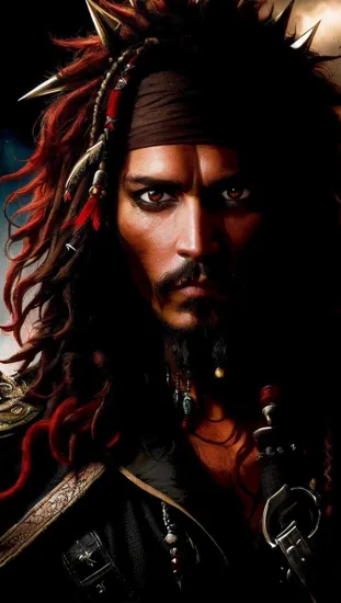 Johnny Depp, Enigmatic rogue @JohnnyDepp, ((intense red eyes)), ((red spiky hair)), shrouded in shadows, a hand covering half the face, with mysterious tattoos visible, ((ominous energy patterns)), suggesting hidden depths and untold power, a character shrouded in mystery and allure.