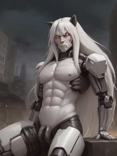 ((masterpiece, best quality):1.0), solo, nude, nsfw, (((Terminator asriel dreemurr:1.0)Terminator asriel dreemurr fur)), ((cute android face):1.0), ((robot humanoid)), ((android)), (((synthetic body))), ((robot head)), ((1male)), sitting, sexy pose, full body shot, legs spread, ((ultra detailed canine penis)), feet focus, digital sketch, vibrant, gloomy, dynamic light,  (slit pupils, red eyes, black sclera:1.0), athletic, angry, showing fangs, (growl:0.9), (abs:0.9), (white mane, white hair, long mane, long hair, Black chest fluff), ((flat chest)), (Huge balls), ((detailed apocalypse war city background)), by Hioshiru, by Pino Daeni, by SilverFox5213, by Foxovah, by Personal Ami, by Kenket, by Silgiriya Mantsugosi, by Horokusa0519, by PGM300, by PixelSketcher, 