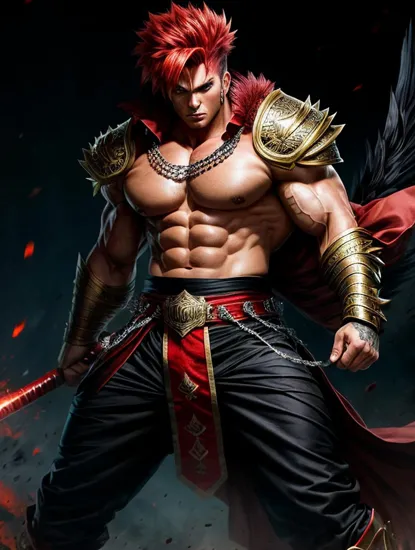 Fierce warrior Donald Trump, spiked red hair, intense eyes, muscular build, dark pants, ((flowing sash)), red and black motif, chain necklace, battle stance, dynamic energy, ((aggressive aura)), dark background with red accents, high contrast, stylized illustration, anime style, dramatic lighting, ((sharp features)), powerful presence, vibrant colors, detailed muscle definition, action ready posture.