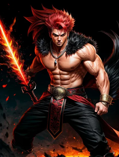 Fierce warrior Donald Trump, spiked red hair, intense eyes, muscular build, dark pants, ((flowing sash)), red and black motif, chain necklace, battle stance, dynamic energy, ((aggressive aura)), dark background with red accents, high contrast, stylized illustration, anime style, dramatic lighting, ((sharp features)), powerful presence, vibrant colors, detailed muscle definition, action ready posture.