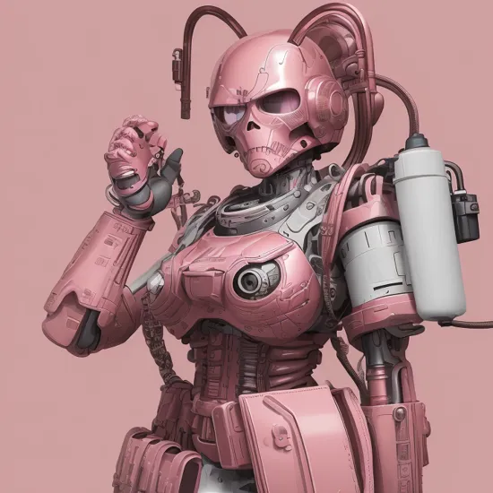 Terminator T-850 in ionized pink metal holding a hello kitty purse, ultra realistic, 8K