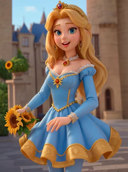 Rapunzel,(Disney art:1.1), 3d render, Castle Courtyard, regal posture, confident smile, golden hair styled in an updo, sparkling tiara, elegant blue dress, surrounded by admiring courtiers, holding a bouquet of sunflowers, view of the castle in the background, super detailed face, beautiful, looking at camera, open_mouth, porn, nsfw, small boobs, small tits [boobs size : 0.2], detailed eyes, 4k, high quality