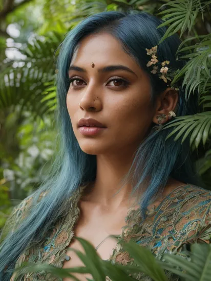 fashion photography portrait of indian woman with blue hair, in lush jungle with flowers, 3d render, cgi, symetrical, octane render, 35mm, bokeh, 9:16, (intricate details:1.12), hdr, (intricate details, hyperdetailed:1.15), (natural skin texture, hyperrealism, soft light, sharp:1.2), detailed, sunlight passing through foliage