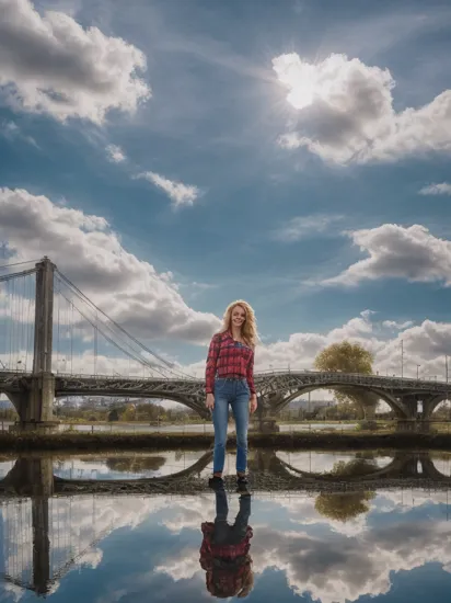 (dynamic pose:1.2),(dynamic camera),photo RAW,(a curly long blonde hair, skinny slim cute smiling  young woman wearing in Plaid shirt and ripped jeans, posing for photoshoot,(bridge),(full red lips),(sun rays,sky clouds hdr:1.2), , (composition centering, conceptual photography), in the style of intimacy, dreamscape portraiture, solarization, shiny kitsch pop art, solarization effect, reflections and mirroring, photobash,Realistic, realism, hd, 35mm photograph, 8k), masterpiece, award winning photography, natural light, perfect composition, high detail, hyper realistic