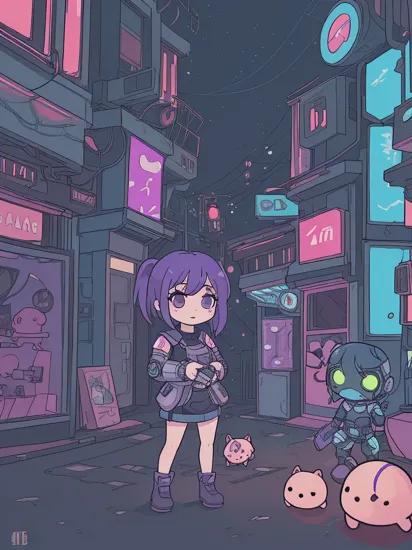 picture, two people, kawaii toy dolls, chibi Cortana and chibi Master Chief in a cinematic action shot, HDR colours, cyberpunk cityscape in the background, cyberpunk surroundings, futuristic cyberpunk art style, raw photo, detailed, intricate, multicolor neon lights,  night time, water reflections, dark atmosphere   