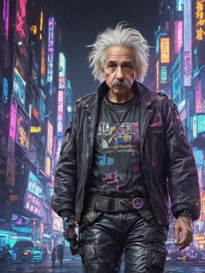 concept art Albert Einstein, (reimagined in a cyberpunk universe), (cyberpunk style), (cyberpunk), (cyberpunk outfit), (punk hair), (augmentation), cybernetics, glowing neon lights, cinematic scene, hero view, action pose, beautiful 8k, detailed background, masterpiece, best quality, high quality, absurdres, vivid.. digital artwork, illustrative, painterly, matte painting, highly detailed