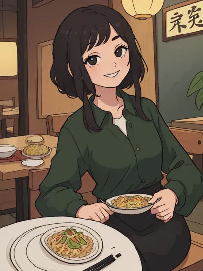 Mulan, long black hair, black eyes, long sleeves, dress, black eyes,  green shirt
looking at viewer, smiling, sitting inside a cozy restaurant, table full of food, noodles, rice, grilled chicken, playful ambiance, high quality, masterpiece,   