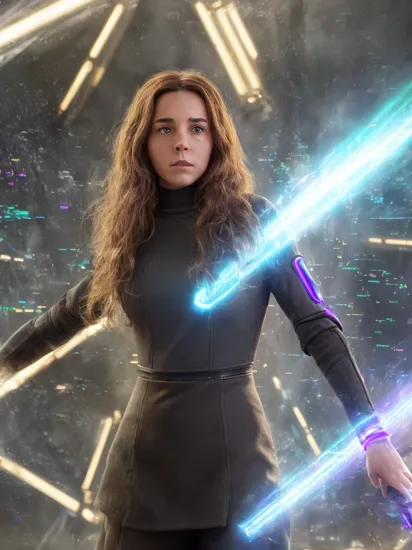 Reimagine the character of Hermione Granger from Harry Potter as a cybernetic cyborg with advanced technology 
implanted into her body. A woman standing in front of a large window, wearing black and purple clothing that 
highlights her sleek, metallic arms. She has two bulging cybernetic eyes glowing white as they stare intently out at 
the bustling cityscape beyond the glass. Behind her stands a computer monitor, displaying complex data streams and code 
flowing across its screen. In one hand she holds a holographic wand, while in the other she clutches a small black 
device that emits an eerie glow.
