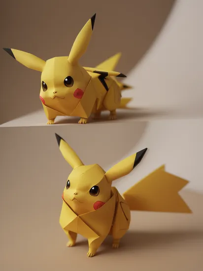 (An origami Pikachu Pokemon made of paper), (Meiji style painting background), realistic photo, intricate details, natural soft lighting