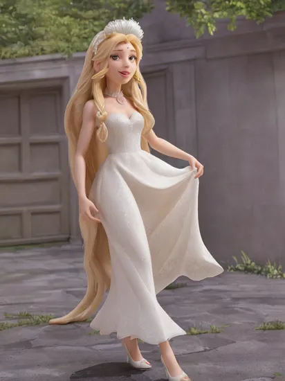 woman, , rapunzel, (very long hair, absurdly long hair:1.5), blonde hair, smile, shy smile, (high heels:1.1), earring, collar, (bridal dress:1.1), flower, wedding party, (white dress:1.5), wedding crown, (wedding dress:1.5),, (masterpiece, high quality, best quality:1.3), (photorealism:1.3), (dynamic shadows, dynamic lighting:1.2), (natural skin texture:1.5), (natural lips, detailed lips:1.3), (natural shadows, detailed shadows:1.5), (hyperrealism, soft light, sharp), (hdr, hyperdetailed:1), (intricate details:0.8), detailed eyes, detailed hair, detailed skin, 8k, (cinematic look:1.4), insane details, intricate details, hyperdetailed, low contrast, soft cinematic light, exposure blend, hdr, faded, slate gray atmosphere, (everything Detailed), , , ,