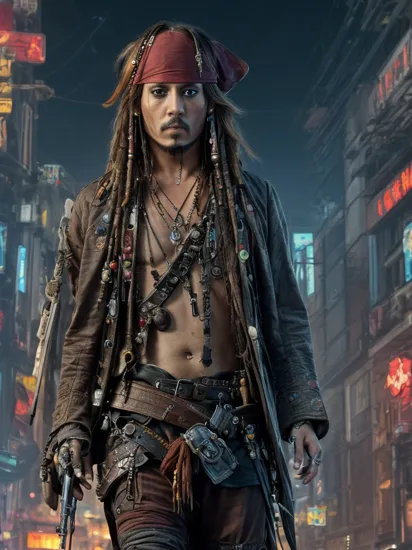 masterpiece, one man, Captain Jack Sparrow, Pirates of the Caribbean,Johnny Depp, (cyberpunk:1.3), cybernethic, robot parts,looking at camera, proud face, dark sentiment, tired eyes, cyber clothes, stylish, in night city, cyberpunk street,  synthwave  