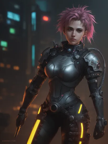 Joan of Arc, Jeanne d'Arc, (reimagined in a cyberpunk universe), (cyberpunk style), (cyberpunk), (cyberpunk outfit), (punk hair), (augmentation), cybernetics, glowing neon lights, cinematic scene, hero view, action pose, beautiful 8k, detailed background, masterpiece, best quality, high quality, absurdres, vivid., detailed skin texture, (blush:0.5), (goosebumps:0.5), subsurface scattering,