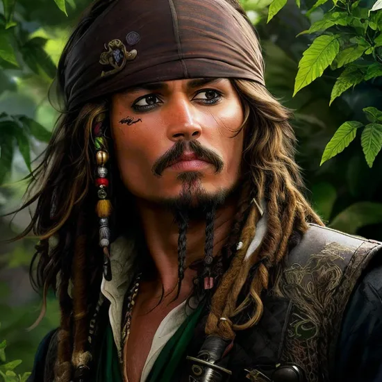 Johnny Depp, Stealthy ninja @JohnnyDepp, focused sharp eyes, ((hidden in foliage)), making a silent hand sign, green vest and black attire, youthful but serious demeanor, the essence of concentration and stealth, surrounded by a peaceful natural environment, anime character with a secret mission.