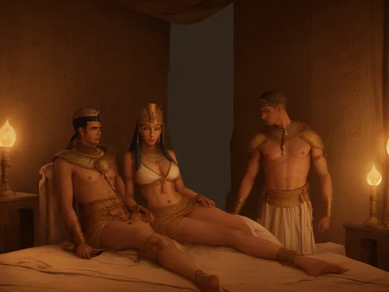 cinematic photo Egyptian style medium shot of young Marcus Antonius and bald headed Julius Caesar  in bed with sexy queen Cleopatra VII in her ancient palace looking at the viewer, torch light, year 50 bc, historically correct . hieroglyphs, gods and goddesses, Pharaohs, highly detailed . 35mm photograph, film, bokeh, professional, 4k, highly detailed