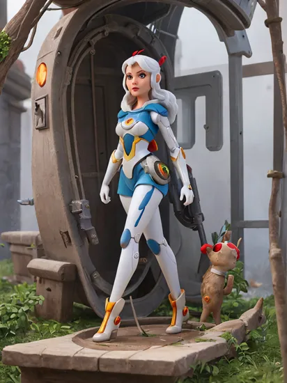 a cyborg snow white stepping out of a portal in a sci-fi apple tree, futuristic, cyberpunk realistic