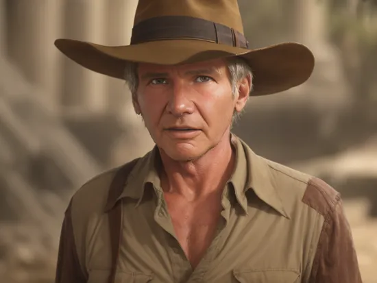 (Harrison Ford:1.1) as Indiana Jones, hat, waling proudly after discovering ancient Mayan ruins, looking at viewer, blurry, movie still, motion blur