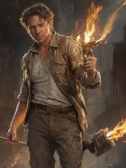 (extremely detailed CG unity 8k wallpaper), full shot body photo of the most beautiful artwork of indiana jones holding a torch, torn jacket, nostalgia professional majestic oil painting by Ed Blinkey, Atey Ghailan, Studio Ghibli, by Jeremy Mann, Greg Manchess, Antonio Moro, trending on ArtStation, trending on CGSociety, Intricate, High Detail, Sharp focus, dramatic, photorealistic painting art by midjourney and greg rutkowski