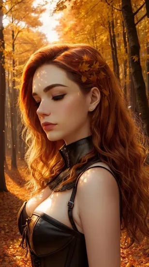 Autumn's envoy @shan, her alabaster hair a stark contrast to the warm hues of the falling leaves. ((Eyes like molten amber)), they gleam with the reflection of the season's fiery palette. She is adorned in a ((leather corset)), embossed with patterns that whisper of ancient lore, standing amidst a forest ablaze with autumn's touch. The cascade of her hair, each strand a silken thread woven with the crisp air of change, frames her face with an ethereal grace. The scene is a dance of wind and flame, her presence a serene command over the natural world's most vibrant transformation.