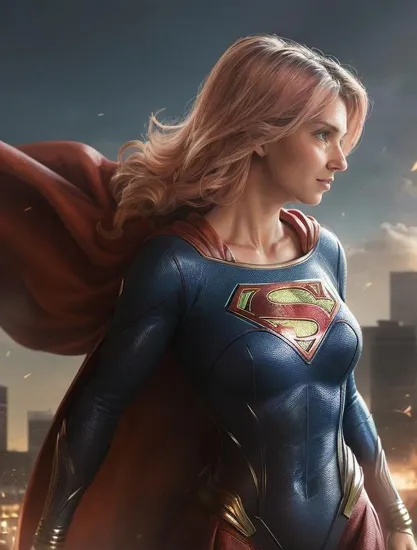 Supergirl @ann, cousin to the Man of Steel, her costume echoing his colors but with her own style. Her cape catches the wind as she prepares to take flight, her posture confident, the very image of hope and Kryptonian strength.