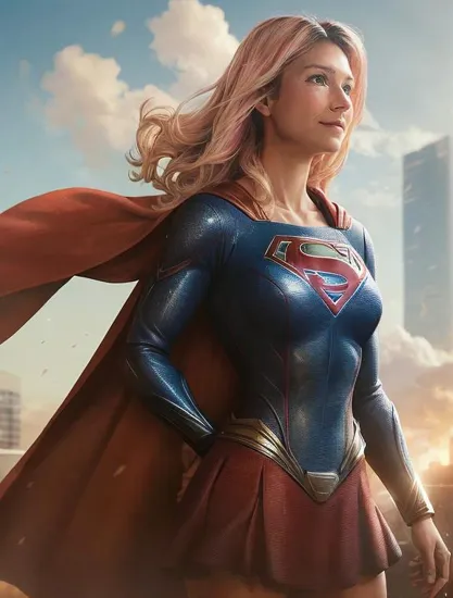Supergirl @ann, cousin to the Man of Steel, her costume echoing his colors but with her own style. Her cape catches the wind as she prepares to take flight, her posture confident, the very image of hope and Kryptonian strength.