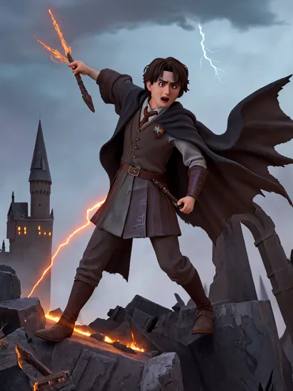 cinematic photo of Harry Potter as feared dark sorcerer. Dressed in tattered, black robes, his lightning scar glows ominously. He stands atop the ruins of Hogwarts, wielding the Elder Wand with malevolent intent, extreme details, volumetric lighting, cinematic scene, full focus, 16k, UHD, HDR