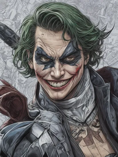 Comic Art Style, extreme close up, detailed face, dc comics [dick grayson nightwing|joker with makeup, smeared lipstick and joker white makeup], wearing batman cowl and domino mask, detailed short [black|green] hair, [blue:green:0.75] eyes, [smiling|laughing maniacally] intricate linework, professional modern comic book style, prominent laugh lines, prominent outlines and linework, in the style of jim lee, in the style of joe mad, in the style of andy kubert, art by artgerm, (zentangle, mandala, tangle, chaos, disorder, spider webs, entangle:0.6)