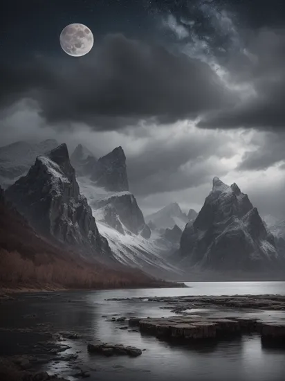 photo RAW,(winter,mountains and a storm lake with a moon in the sky, old wooden slab home, 4k highly detailed digital art, 4 k hd wallpaper very detailed, impressive fantasy landscape, sci-fi fantasy desktop wallpaper, 4k wallpaper, 4k detailed hdr photography, sci-fi fantasy wallpaper, epic dreamlike fantasy landscape, 4k hd matte, 8k,Realistic, realism, hd, 35mm photograph, 8k), masterpiece, award winning photography, natural light, perfect composition, high detail, hyper realistic, (composition centering, conceptual photography), realistic, detailed, balanced, by Trey Ratcliff, Klaus Herrmann, Serge Ramelli, Jimmy McIntyre, Elia Locardi