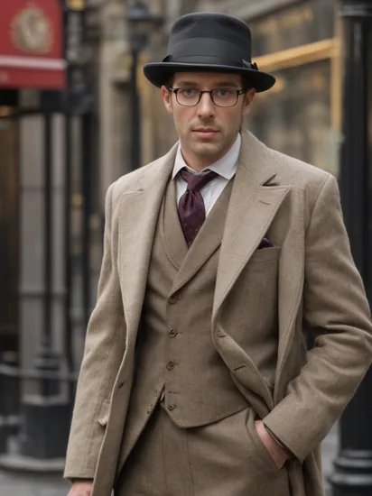 gorgeous male dressed in sherlock holmes suit, (wearing hat),(wearing glasses),gold accessories,standing on baker street, london, attractive, flirting, (((full body visible))), looking at viewer, portrait, photography, detailed skin, realistic, photo-realistic, 8k, highly detailed, full length frame, High detail RAW color art, piercing, diffused soft lighting, shallow depth of field, sharp focus, hyperrealism, cinematic lighting, 