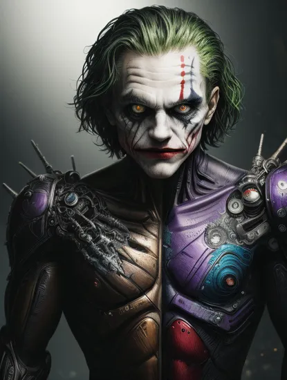 comic (RAW photo, masterpiece, high resolution, extremely complex), mix of The Joker and cyborg , cyborg skull, upper body, purple and green cyborg suit, made of metal, scratchy metal, extremely detailed, sci-fi, blurred background . graphic illustration, comic art, graphic novel art, vibrant, highly detailed