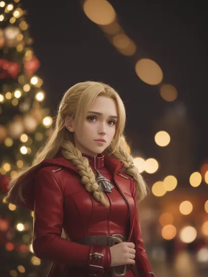 cinematic photo , <lora:quiron_Chritsmas_v1_lora:0.77> ChristmasQuiron style, Christmas, Christmas tree, Christmas decorations,  Christmas style, Christmas spirit, best quality, ultra detailed, 8k, mysterious, (Jessica Alba) as  Edward Elric (Fullmetal Alchemist): Edward's red coat, automail arm, and blonde braid have made him a fan-favorite character in the world of anime cosplay., . 35mm photograph, film, bokeh, professional, 4k, highly detailed