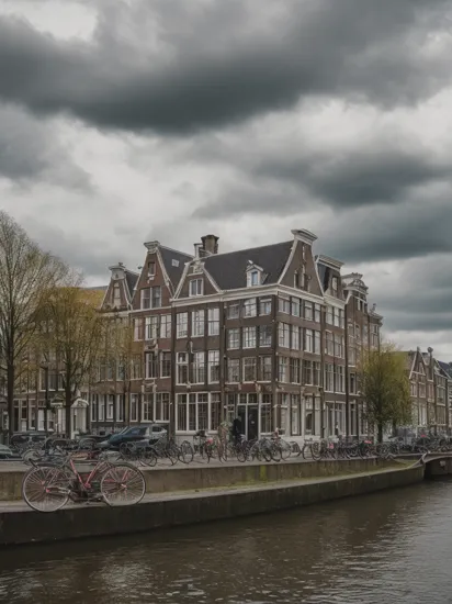 landscape, photography, amsterdamcanalhouse, bicycle, city, cloudy sky, epic, cinematic, river, ornate, realistic,  advntr, 