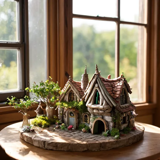 award winning macro photography, [grapes:fairy houses:0.125] on a table in the kitchen, sunlight though window, lighting creates a magical atmosphere, chroma, 8k resolution, trending on artstation, style of midjourney,    