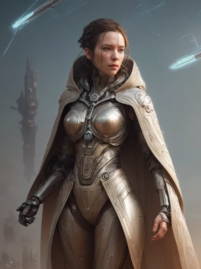 a female cyborg warrior ,   
wearing detailed robes cape
 cleavage,  hard edges
sci-fi, wires, circuits, 
(color-field, conceptual, contemporary, digital, geometric, minimalism)
(   by  Ellen Jewett Raymond Swanland Mike Winkelmann )