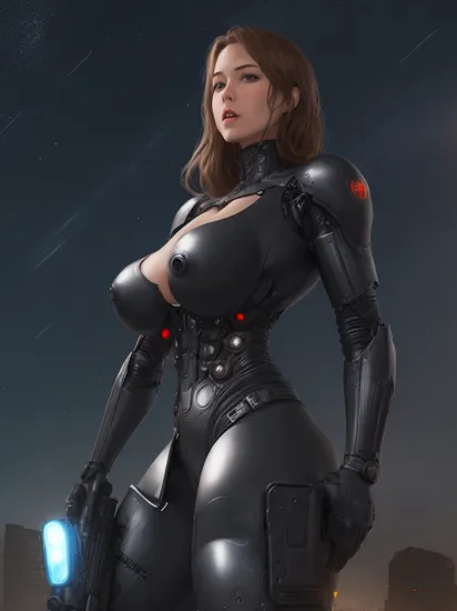 explosions in the background, night sky, (Realisitc:1.5) woman terminator, big breasts, 