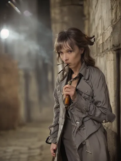 masterpiece, best quality, solo, 1girl, (detective, grey trenchcoat, smoking a tobacco pipe, seedy alleyway, night time, looking around at surroundings:1.5), outdoors, walking, , (long hair:1.5), cat ears, purple eyes, cat tail, white hair, (dynamic angle, action shot, holding a magnifying glass, sherlock holmes:1.5),