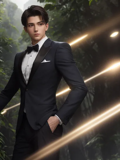 1boy,muscular,,(masterpiece, best quality),skinny,tuxedo,suit,formal_dress,lens flare,jungle,Tyndall effect,master chief,