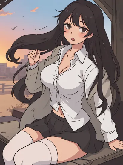 masterpiece, best quality, , 1girl, jasmine \(senran kagura\), black hair, long hair, brown eyes, happy, open mouth, blush, facing to the side, looking at viewer, sideways glance, collarbone, breasts, huge breasts, large breasts, cleavage, shirt, collared shirt, white shirt, business suit, coat, black coat, open coat, bra, black bra, skirt, miniskirt, black skirt, panties, white panties, thighhighs, white thighhighs, sitting, park, park bench, outdoors, sunset, legs apart, dated, cowboy shot, simple background,