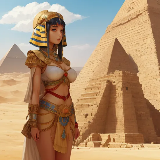 (best-quality:0.8), anime illustration of serious cleopatra in desert, stands calmly near the Pyramid of Cheops, lips, clean sky, hot weather