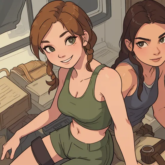 jamesdaly artstyle, Lara Croft, wearing tank top and shorts, beautiful, masterpiece, best quality, extremely detailed face, perfect lighting, 1girl, solo , smile   