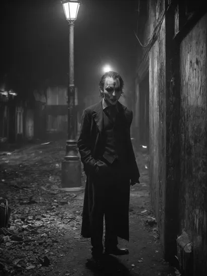 An eerie image of the Joker standing in the shadows, his face partially illuminated by the flickering light of a nearby streetlamp. The camera is positioned low, giving the Joker a looming and menacing presence. The image is rendered in a desaturated color palette, adding to the overall sense of decay and decay in Gotham City. Art by Bill Sienkiewicz and Photography by Diane Arbus using a Hasselblad X1D II, focal length of 90mm, an aperture of f/2.8 and ISO 800. ((Sinister)), ((Mysterious)), ((Dark and Gritty)), ((Desaturated:1.1)), ((Menacing)), ((Atmospheric)), ((Realistic)).