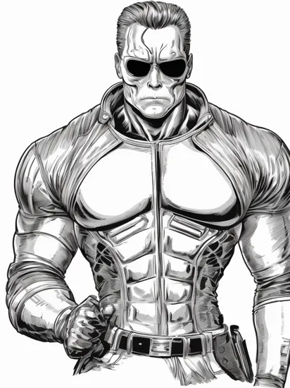 a clean line drawing of  The Terminator ,  (white background:1.3), b&w,  art by  coloring-book-style