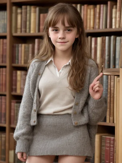 
young 12yo Emma Watson Hermione, hair bangs covering her forehead, freckles, blush, blushing, beautiful face, smiling, 
white shirt under a grey pullover, brown tie, Hogwarts Hermione costume, grey skirt, black shoes, 
in the library in Harry Potter castle, 
magic, magic wand, magic spell,