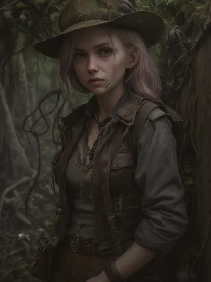  (jinxlol), petite, realistic face, HQ photo, RAW, portrait, solo, (full body:0.6), detailed background, detailed face, (, dieselpunkai, 1940s dieselpunk theme:1.1), adventurer, exploring,  rugged tattered frayed leather clothes, vest, indiana jones hat,  rope,  straps,   (leather pouches:0.4), lantern,  dark dungeon background, vines, moss, mold,   dark cinematic atmosphere, occult,  dim light,